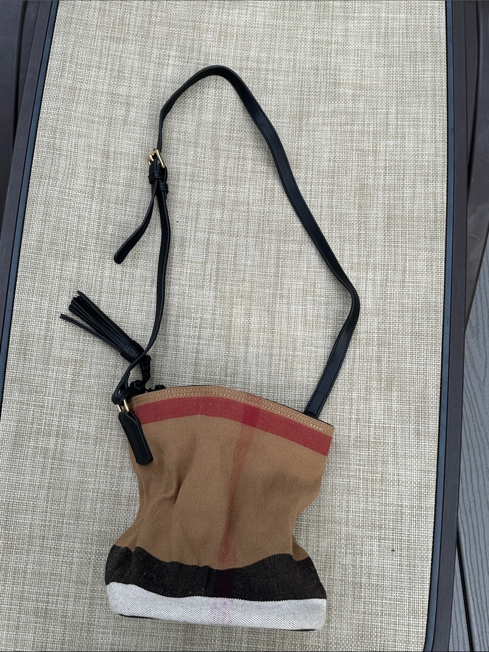 Burberry Canvas Crossbody Bag with Black Strap and Red Accent
